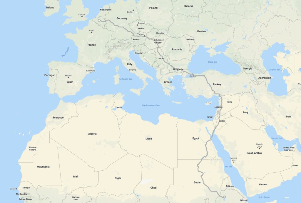 kaart met route van Brussel naar Gondar